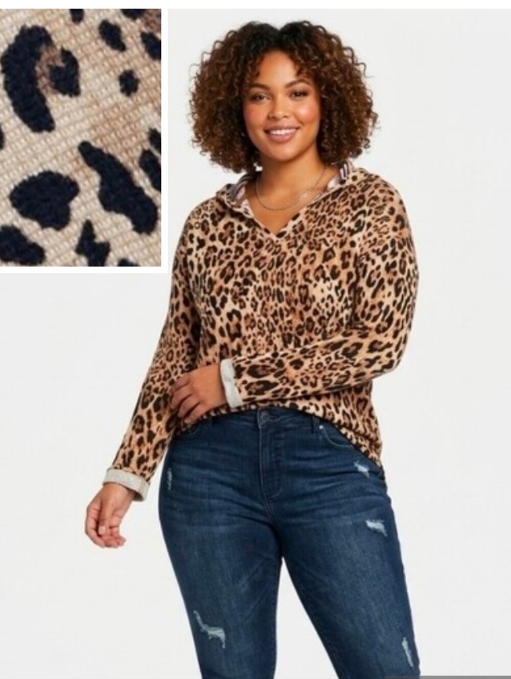 CHAPS RALPH LAUREN leopard Print Long Sleeve Hooded Hoodie Shirt Size XXL